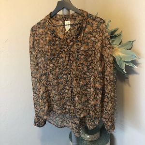 Free People dark floral Hi-Low semi sheer Top